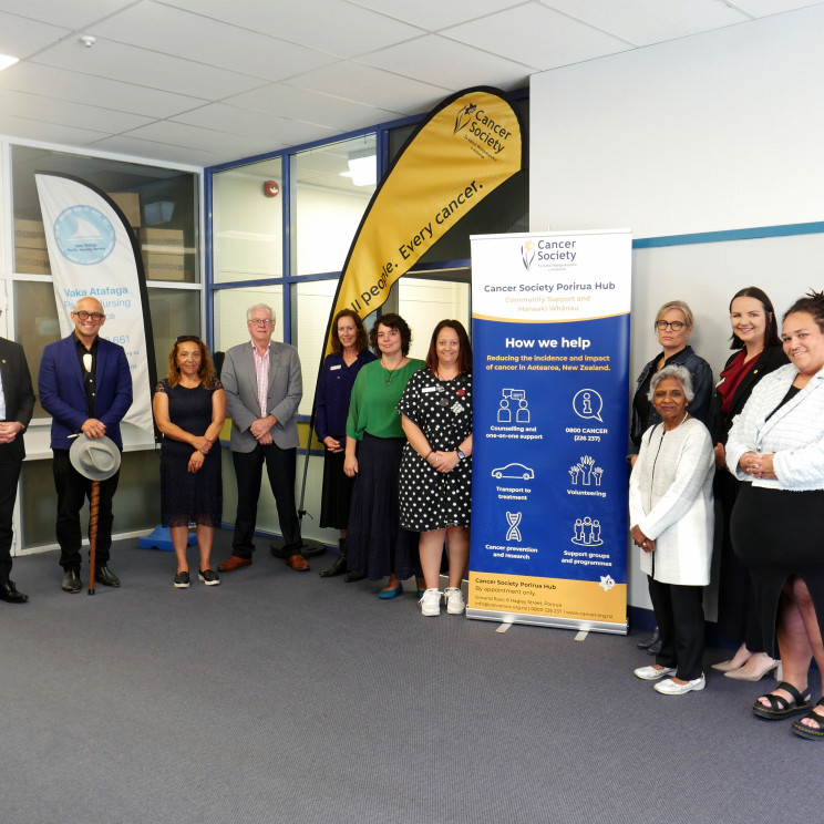 Cancer Society staff and Ngāti Toa's Callum Katene.